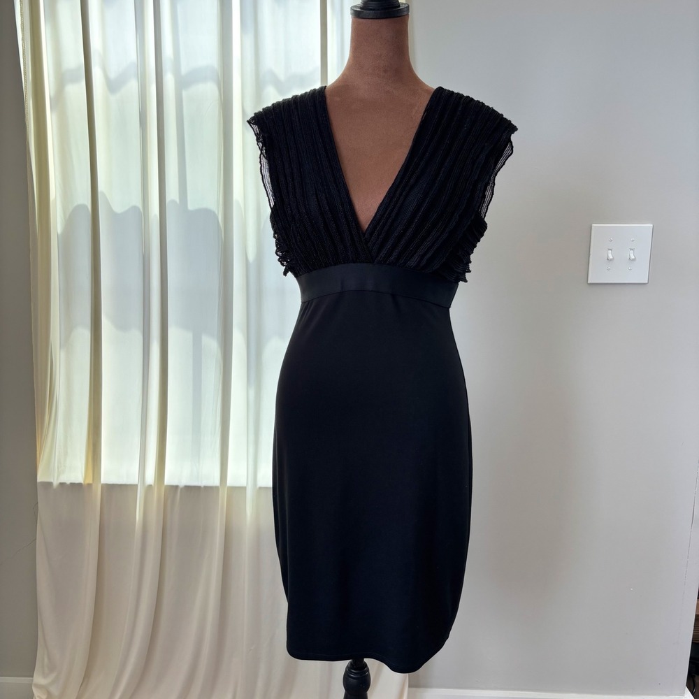 2010s Max Studio Black Surplice Ruffle Sheath Dress Satin Waist LBD Size Small